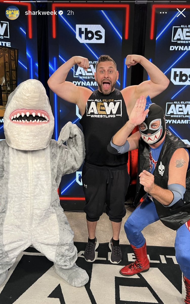 ItsWrestleWorld's tweet photo. Former TNA and WCW star #SharkBoy is currently backstage at tonight’s #AEWDynamite in honor of @Discovery’s #SharkWeek! https://t.co/ClD8ME4rDf