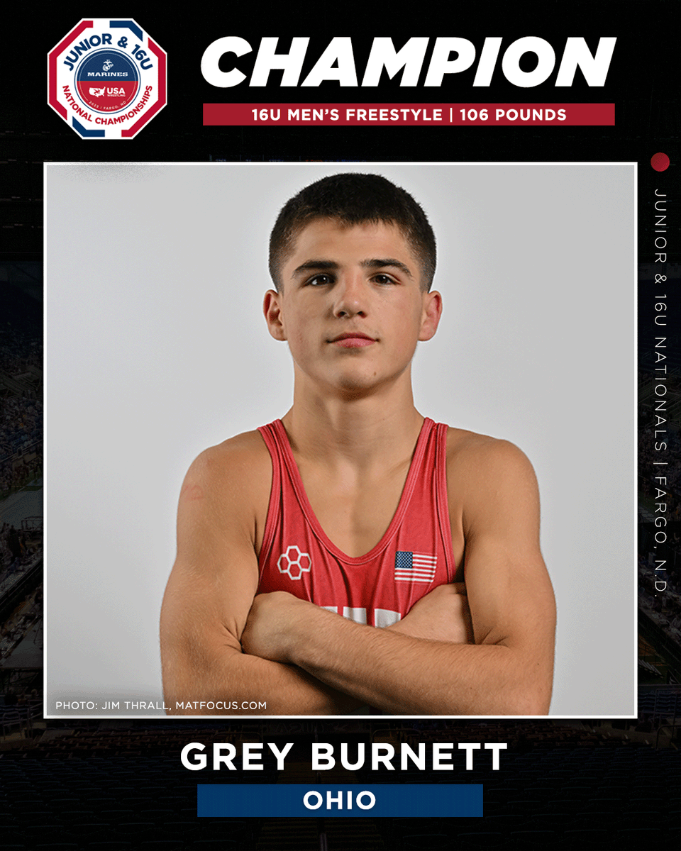 16U Men’s Freestyle Final 106 pounds:  Grey Burnett (Ohio) dec. Bruno Cassioppi (Illinois) 10-3. #Fargo2023
