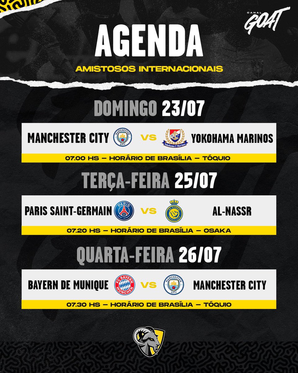 CanalGOATBR's tweet photo. 📌 Anote na agenda: as transmissões do Canal #GOAT na tour japonesa de @mancity @fcbayern @psg @inter e @alnassr 🐐 https://t.co/f60waV7Jgg