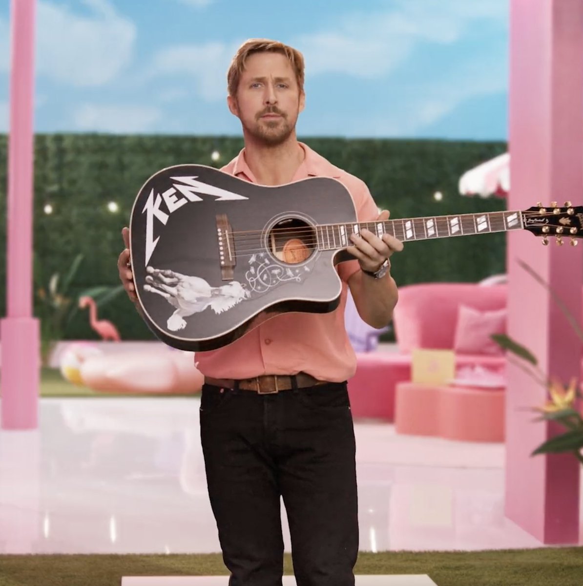 inquirerdotnet's tweet photo. WE HAVE TO GIVE IT TO JIMIN’S KEN-RGY 🎸

LOOK: Ryan Gosling sends a shoutout to BTS’ Jimin after his “Barbie” character Ken copied the K-pop star’s cowboy look from the “Permission to Dance” music video. | 📷: Screengrab from Barbe the Movie/Twitter https://t.co/qmKpw5b4Iv