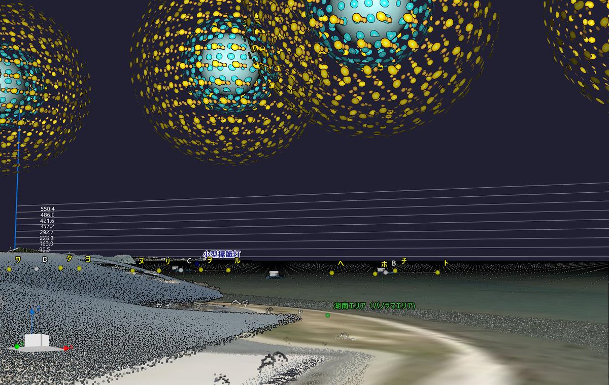 kanatsu_jyouhou's tweet image. おはようございます  
長年この水郷際の花火打ち上げ台船等のご協力をしていまして、今年は船の構えが変わる上、護岸がほぼ有料観覧席となる関係でこのようなデータを作成して見たところです。 VRで見ると更に面白いですよ✌️
本当は人流とかが予測できればよいんですけど
＃TRENDPOINT ではこんな感じ