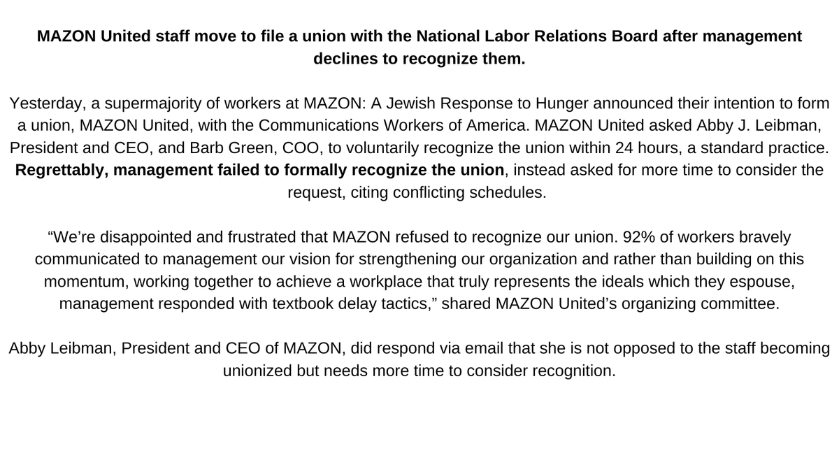 "We're disappointed and frustrated that MAZON refused to recognize our union."