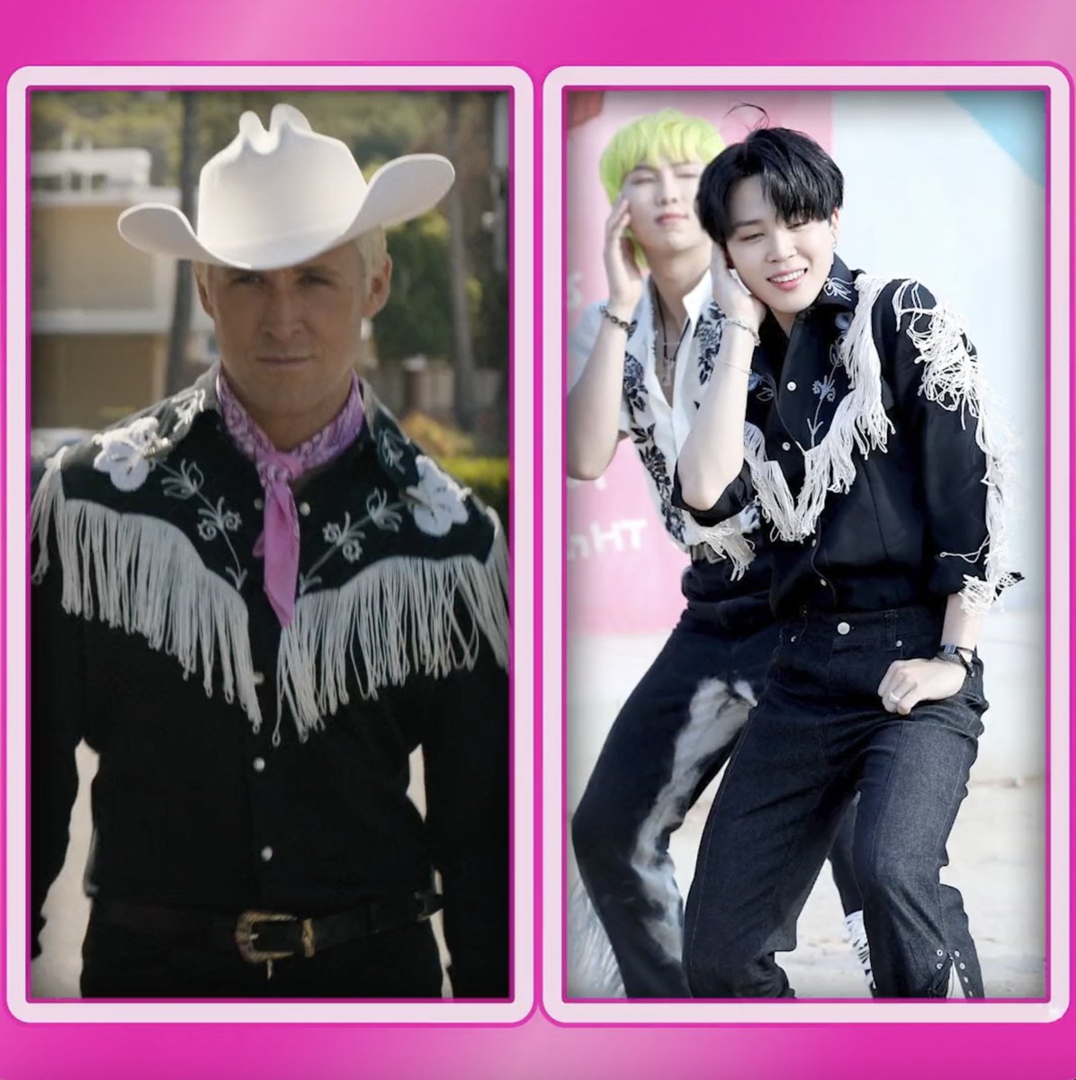 inquirerdotnet's tweet photo. WE HAVE TO GIVE IT TO JIMIN’S KEN-RGY 🎸

LOOK: Ryan Gosling sends a shoutout to BTS’ Jimin after his “Barbie” character Ken copied the K-pop star’s cowboy look from the “Permission to Dance” music video. | 📷: Screengrab from Barbe the Movie/Twitter https://t.co/qmKpw5b4Iv