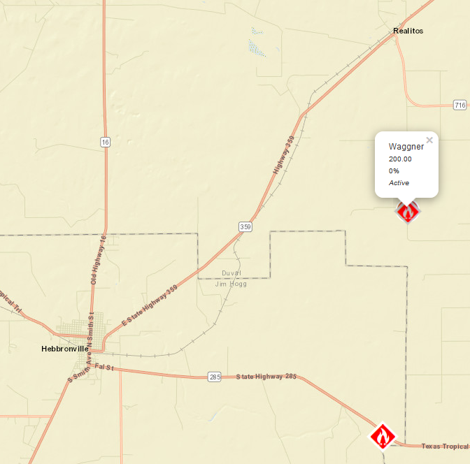 AllHazardsTFS's tweet photo. Alert: Texas A&M Forest Service is responding to a request for assistance on the #WaggnerFire in Duval County. The fire is an estimated 200 acres and 0% contained. This fire is located north of the #FloridaFire in Jim Hogg County. #txfire https://t.co/GRkZubIKXv