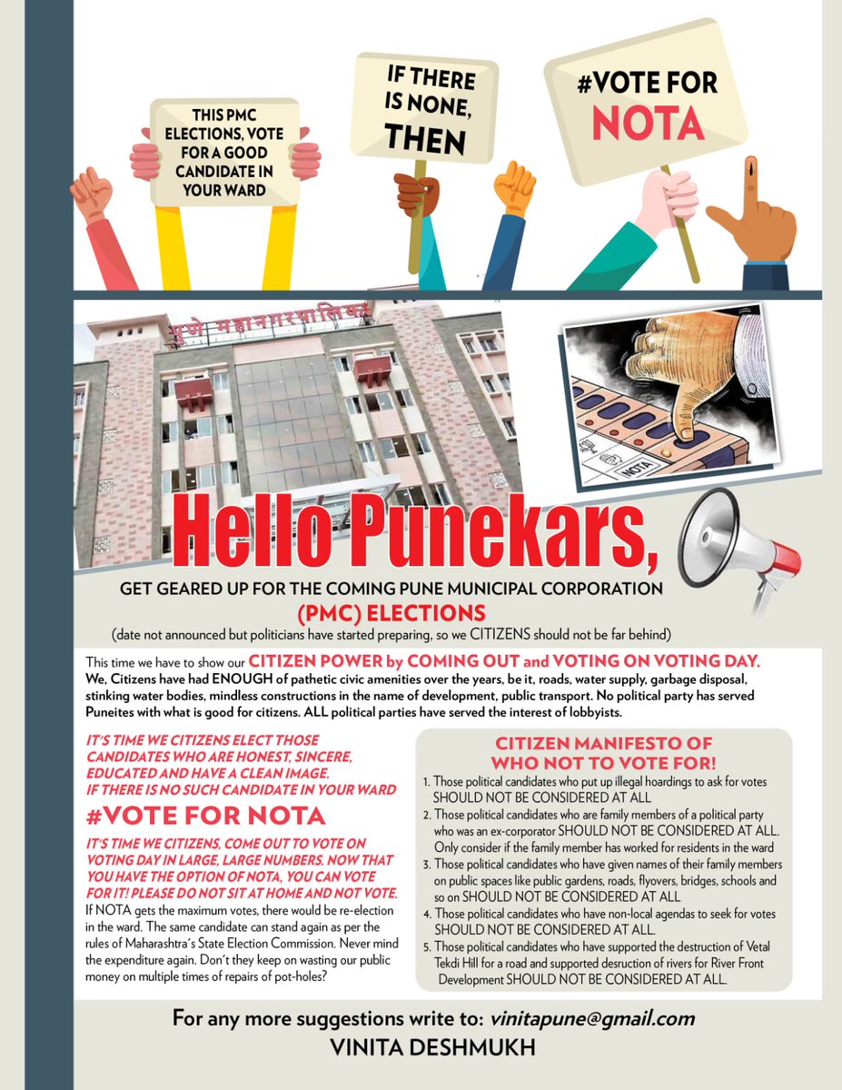 VinitaDeshmukh's tweet photo. Launching today,my citizen campaign for conscious voting for @PMCPune elections(dates not announced but let's start preparing).Use #NOTA if there is no deserving candidate to vote for in your ward.Enough of pathetic civic amenities&amp;all Netas looking d other way. DO RETWEET #Pune https://t.co/YXhawRfLxv