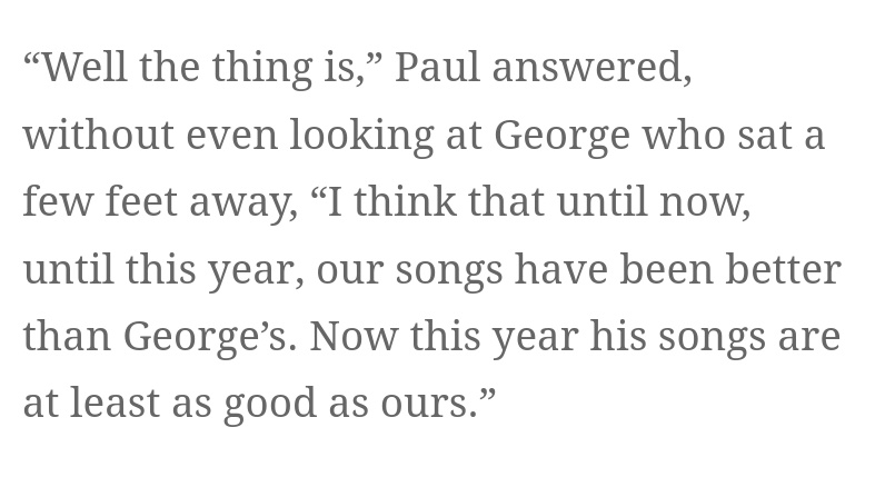 Paul McCartney going on record saying his and John Lennon's songs for the majority of time that the Beatles were together were better than George Harrison's. https://t.co/I1p9Ok5VNS https://t.co/m9593ZkRbZ
