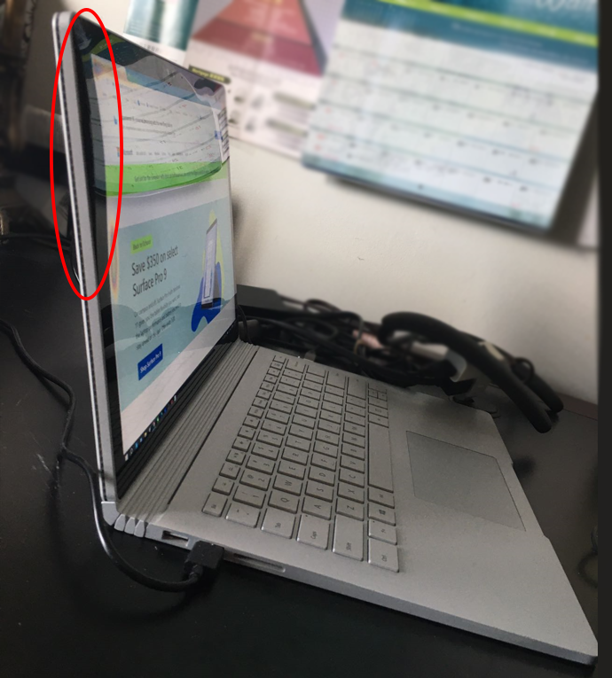 KevinDFZ's tweet photo. Hey @Microsoft, is this how you treat your Surface Book customers? Severely bent screen and yellow tint clearly due to a defect with battery, and customer service tells me to simply "go buy another Surface Book" - really? #Microsoft #CustomerServiceFail #laptops #capitalism https://t.co/CB6hF9GoWw
