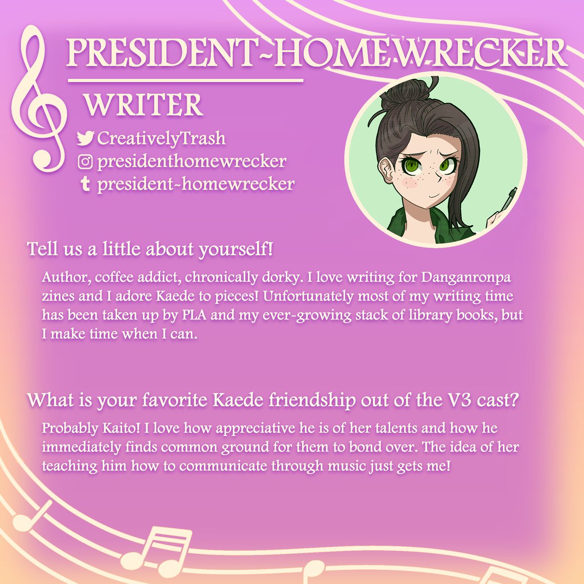 akamatsuzine's tweet image. 🎹 🎶 CONTRIBUTOR SPOTLIGHT 🌙 🌸

Bit has a way with words that sucks you in and keeps you hooked until the end. You won't be able to stop reading her digital zine fic!

🌸 TWITTER: @CreativelyTrash
🌸 INSTAGRAM: @/presidenthomewrecker
🌸 TUMBLR: @/president-homewrecker