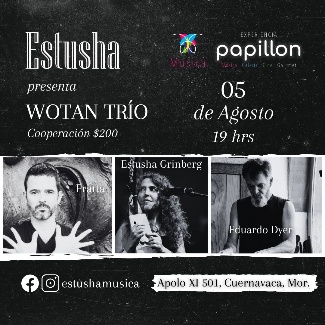 estusha's tweet photo. Estusha presenta Wotan Trío Acompañada de Fratta en el bajo y de Eduardo Dyer en el piano. Papillón Foro Cultural Apolo XI 501, Cuernavaca, Mor. 5 de Agosto
Horario: 19 hrs $200
#Estusha #Wotan #WorldMusic #Papillon #JacoboGrinberg #Fratta #EduardoDyer #Música #Womex #Cultura https://t.co/DkkR6DEvNO