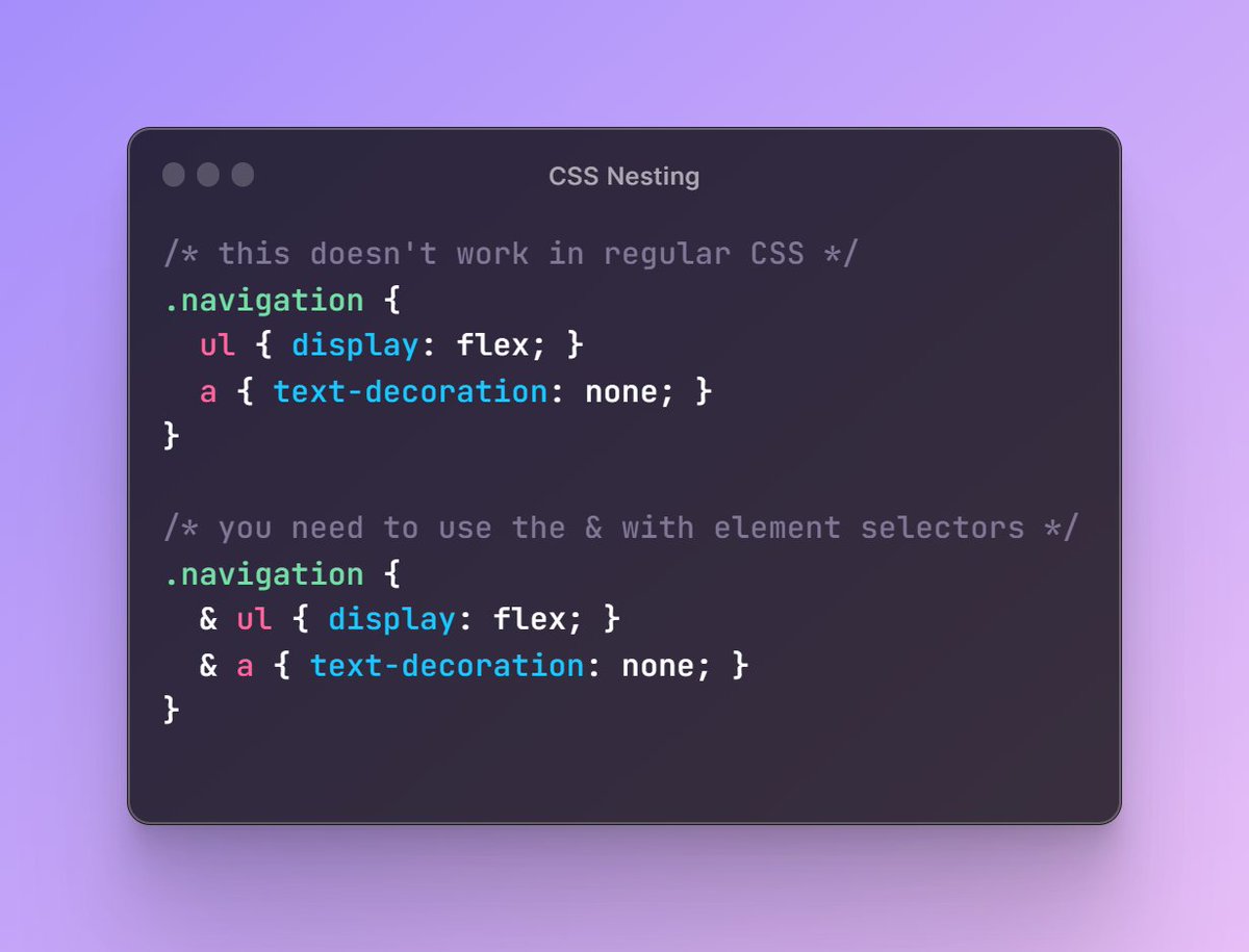 KevinJPowell's tweet photo. Nesting has come to native CSS, and if you're coming from Sass or Less, you might feel like you already know how it works, but there are some key differences!

First up, if you are nesting an element selector, you must use an &amp; before the selector or it's invalid! https://t.co/BXEBgACI2U