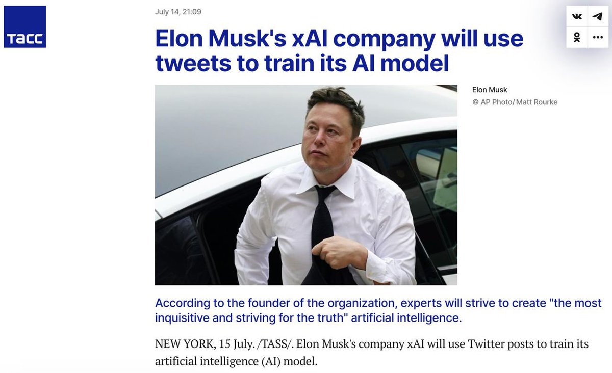 BLUEPRINT_PAPER's tweet photo. What a surprise: Elon Musk has essentially declared that the "online town square" known as Twitter is a data-mining operation in service of training so-called artificial intelligence—i.e., Twitter users are helping to code and build the weapons that will be used against them. https://t.co/QQc82rugMF