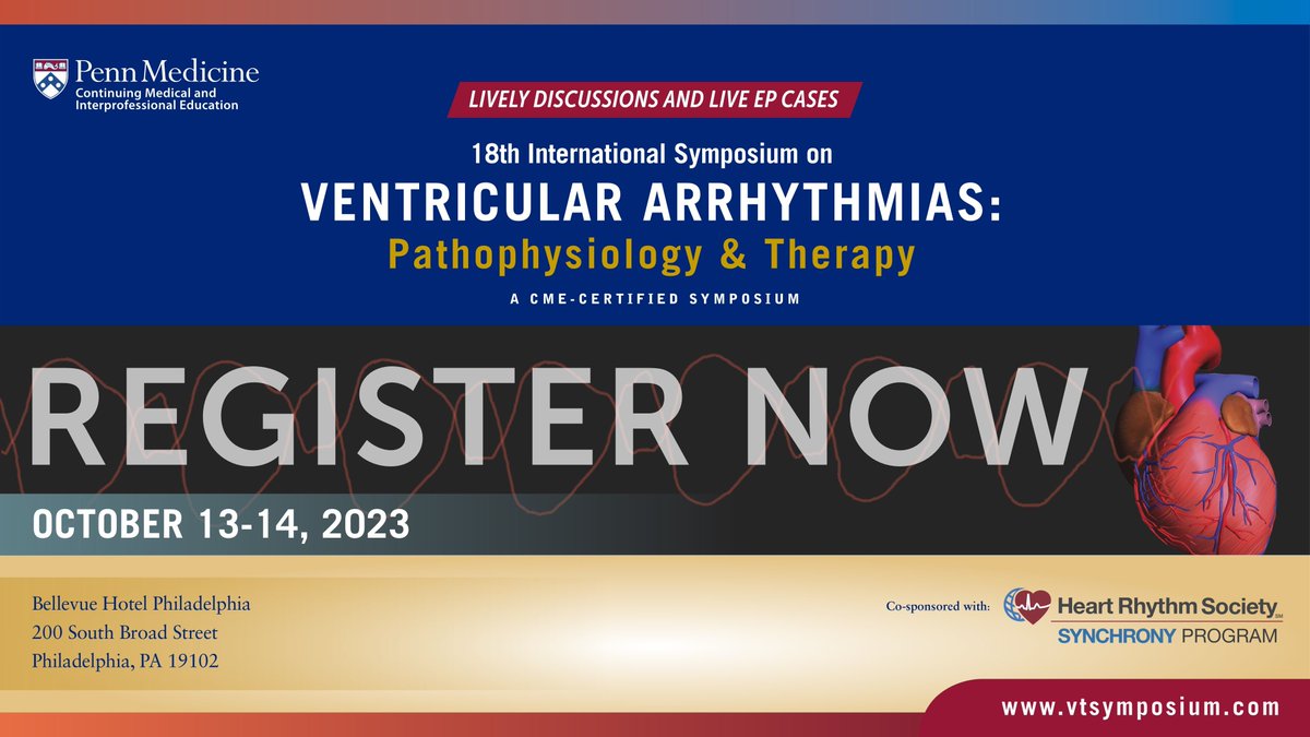 #epeeps @VTSymposium Registration Open! Join us Oct. 13-14 in Philadelphia or Virtually in Real-Time for the preeminent conference on state-of-the-art education on the pathophysiology & treatment of ventricular arrhythmias. Register @ vtsymposium.com #VTSymposium