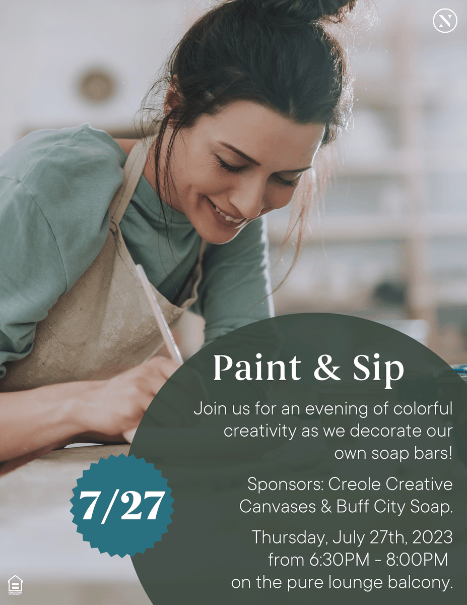 The SLX Atlanta Sip and Paint Event!

Join us in the Pure Lounge Balcony Thursday, July 27that 6:30 PM

#WeLoveOurResidents #LoveWhereYouLive #SLXAtlanta #LuxuryRentals #AtlantaApartments
#Community #ResidentEvents #SipandPaint