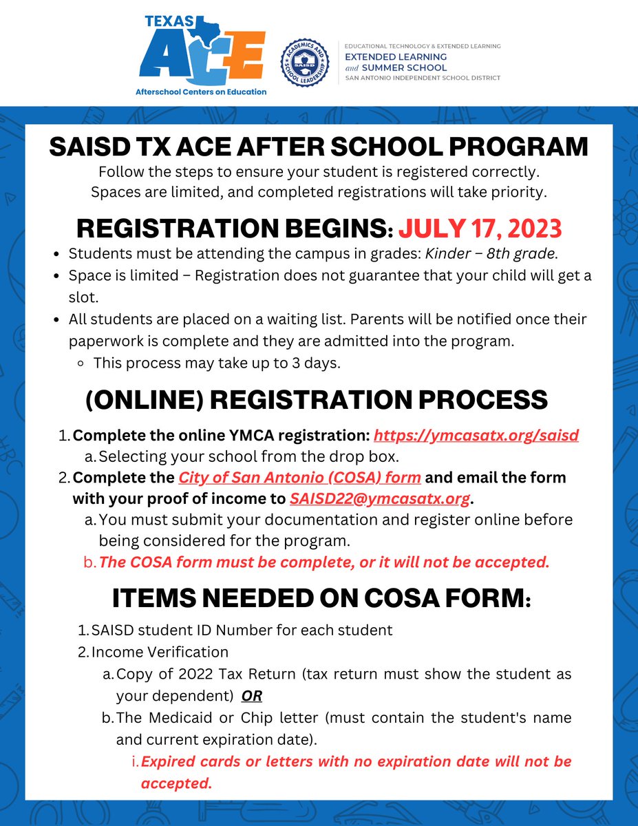 Extended Day, SAISD (@saisdextlearn) on Twitter photo 📢 📚Registration for the TX ACE after-school program is now open! Sign up online with the after-school provider, YMCA. Click your campus link to enroll. saisd.net/page/extendedd… 📢 📚Registration for the TX ACE after-school program is now open! Sign up online with the after-school provider, YMCA. Click your campus link to enroll. saisd.net/page/extendedd…