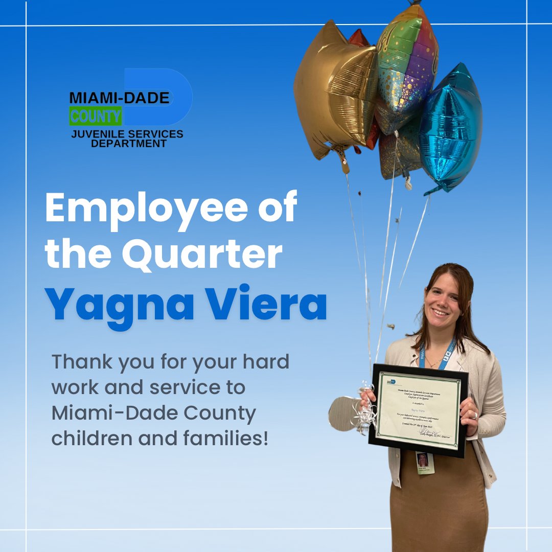 Congratulations to Juvenile Assessment Counselor Yagna Viera for being selected as Employee of the Quarter! Thank you for your hard work and dedication to Miami-Dade County!