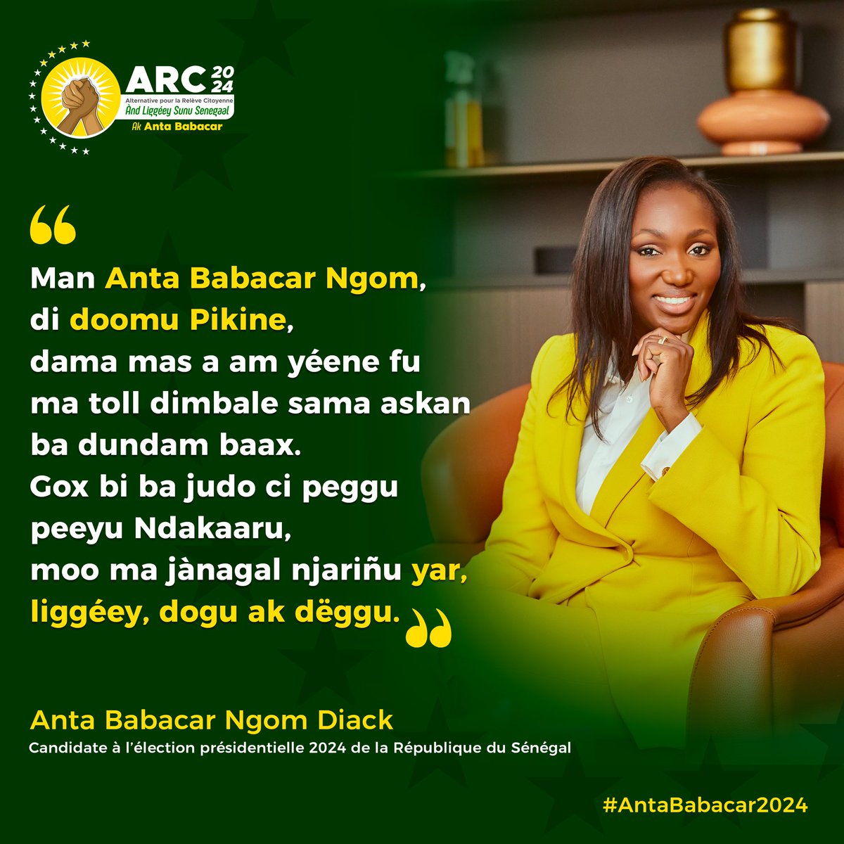 Les valeurs de discipline, travail et persévérance que j'ai acquises dans la banlieue dakaroise seront au cœur de mon engagement.

Aujourd'hui, je suis plus déterminée que jamais à contribuer à un Sénégal prospère pour tous. 

Nu And Liggey Sunu Senegaal !#AntaBabacar2024 🇸🇳