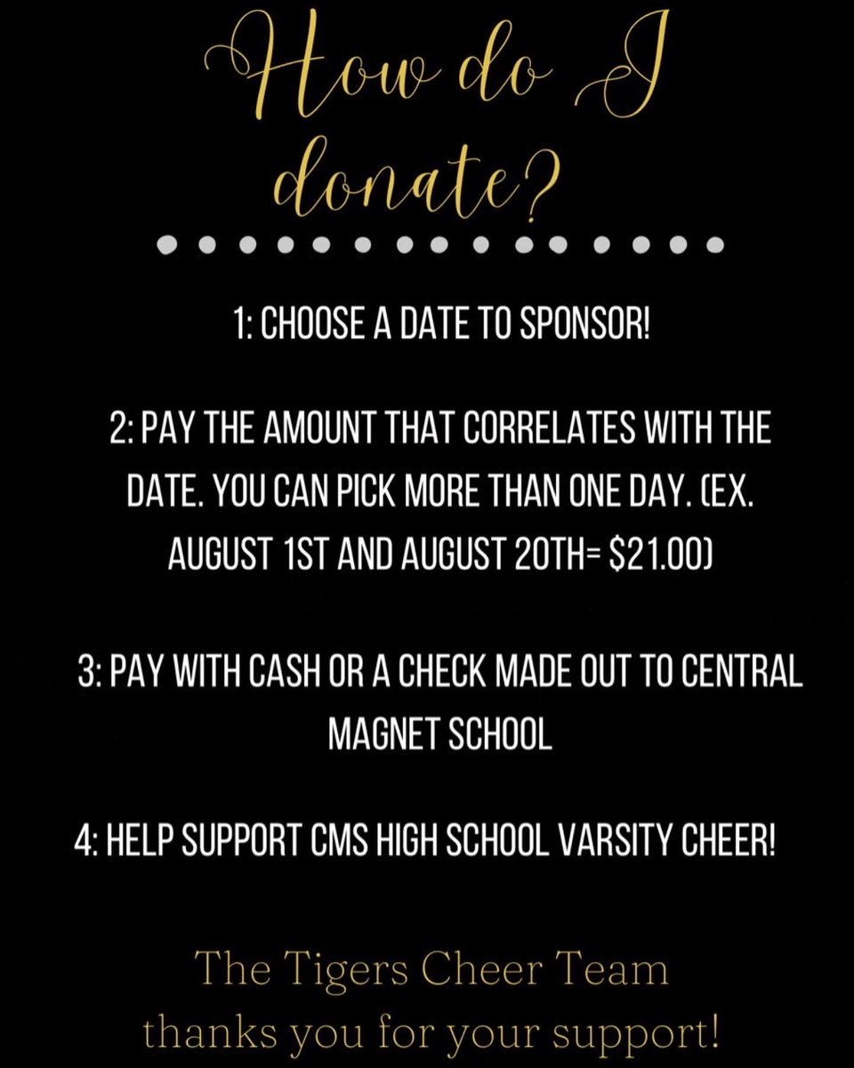 Cmag_cheer's tweet photo. Help our girls get to Nationals 2024!!! See a cheerleader to support our August fundraiser. Swipe for more details! 🐯🖤💛 https://t.co/tym0NYmiB1