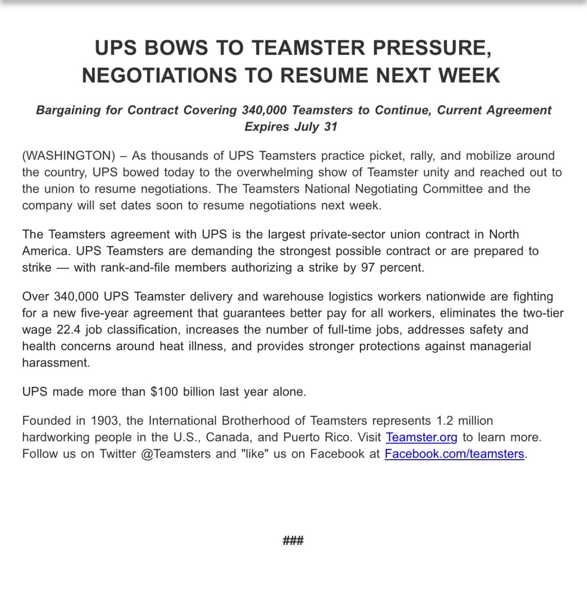 Breaking: UPS BOWS TO TEAMSTER PRESSURE, NEGOTIATIONS TO RESUME NEXT WEEK