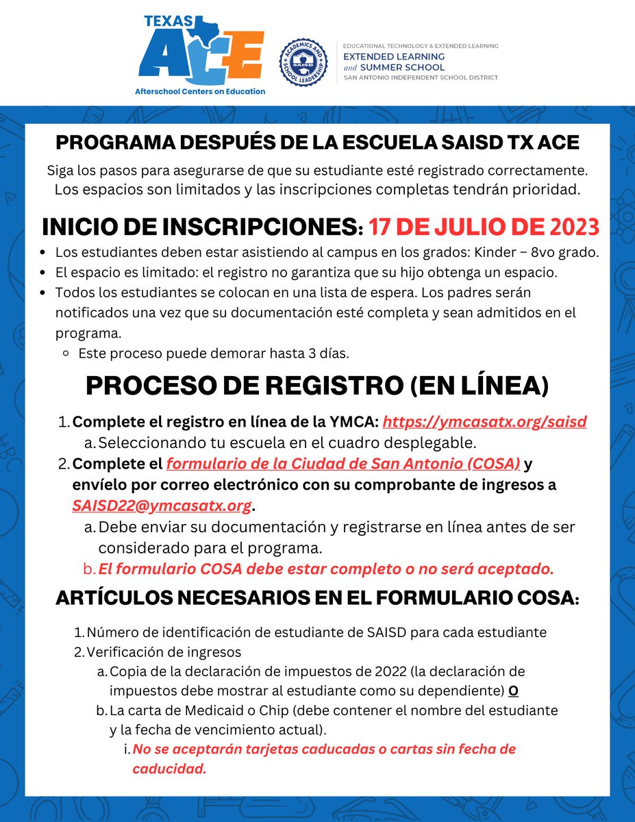Extended Day, SAISD (@saisdextlearn) on Twitter photo 📣 📚 Ya está abierta la inscripción para el programa extraescolar de TX ACE. Regístrese en línea con el proveedor después de la escuela, YMCA. Haga clic en el enlace de su campus para inscribirse. saisd.net/page/TX%20ACE%… 📣 📚 Ya está abierta la inscripción para el programa extraescolar de TX ACE. Regístrese en línea con el proveedor después de la escuela, YMCA. Haga clic en el enlace de su campus para inscribirse. saisd.net/page/TX%20ACE%…