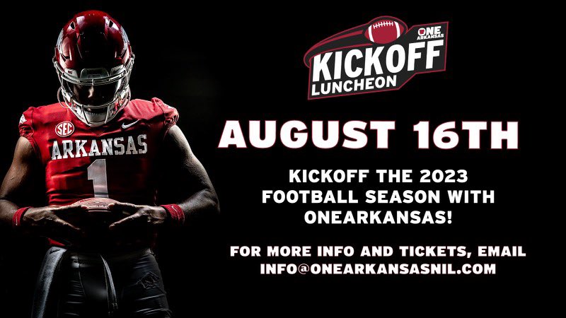 Alfahiym Walcott (@alfahiym3) on Twitter photo Still time to join me and my teammates!
Kickoff the 2023 Football Season with @onearkansas 🏈
When: August 16th
For more info and tickets, email info@onearkansasnil.com 🐗 Still time to join me and my teammates!
Kickoff the 2023 Football Season with @onearkansas 🏈
When: August 16th
For more info and tickets, email info@onearkansasnil.com 🐗