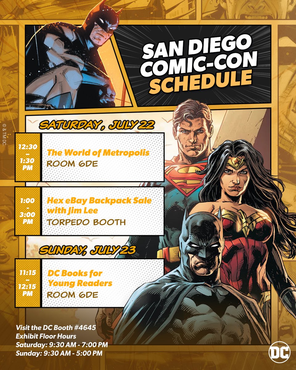 DCOfficial's tweet photo. Comics! Panels! Signings! Exclusive merch! We're celebrating #SDCC in a major way with some incredible events. Info at our #DCatSDCC hub: https://t.co/ugC99IuDEe https://t.co/YkNqNm67by