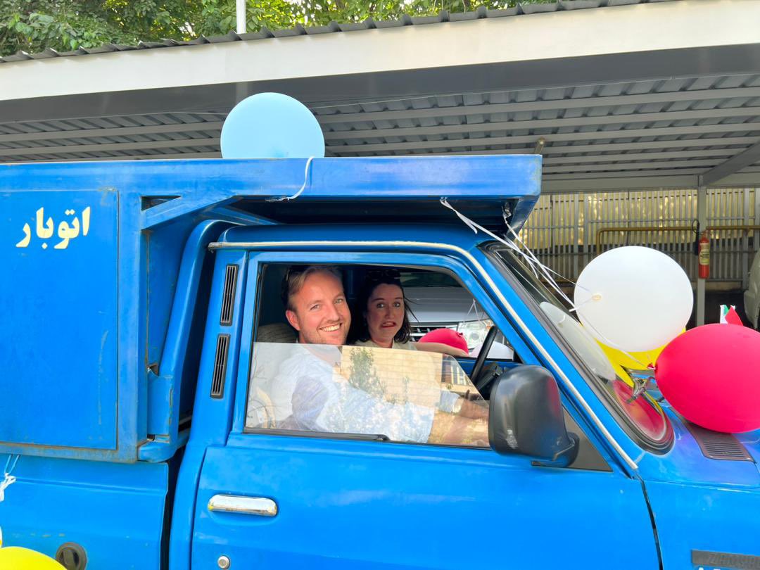 frank_mollen's tweet photo. Honouring an iconic Iranian car, the all terrain #Zamyad , we said a very stylish goodbye today to our great colleagues Tsjebbe and Jip, who are off to new green pastures in Brussels and Berlin. We will miss them @jipmennen @THPaulussen https://t.co/k5utzJECge