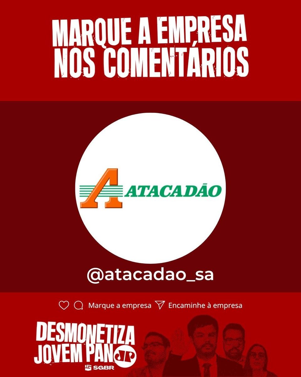 🏪 Olá <a href="/atacadao_sa/">Atacadão_SA</a>, tudo bem? Infelizmente ouvimos seu anúncio na rádio Jovem Pan de Curitiba, uma emissora investigada por propagar ataques à democracia e desinformação. Uma empresa que presa pela democracia não deveria ter essa ligação. Pfv, #DesmonetizaJovemPan! ✊🏽

Avisem à