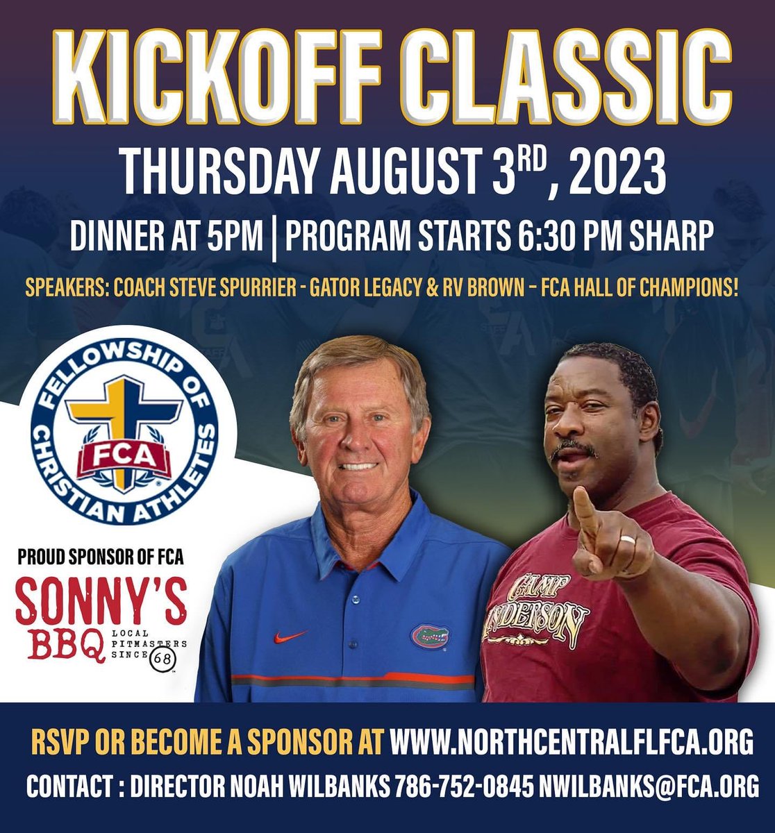 debrich05's tweet photo. AUGUST 3RD - SONNYS BBQ KICKOFF CLASSIC! We have added Coach Spurrier to the line up! https://t.co/xFVj1S4xol