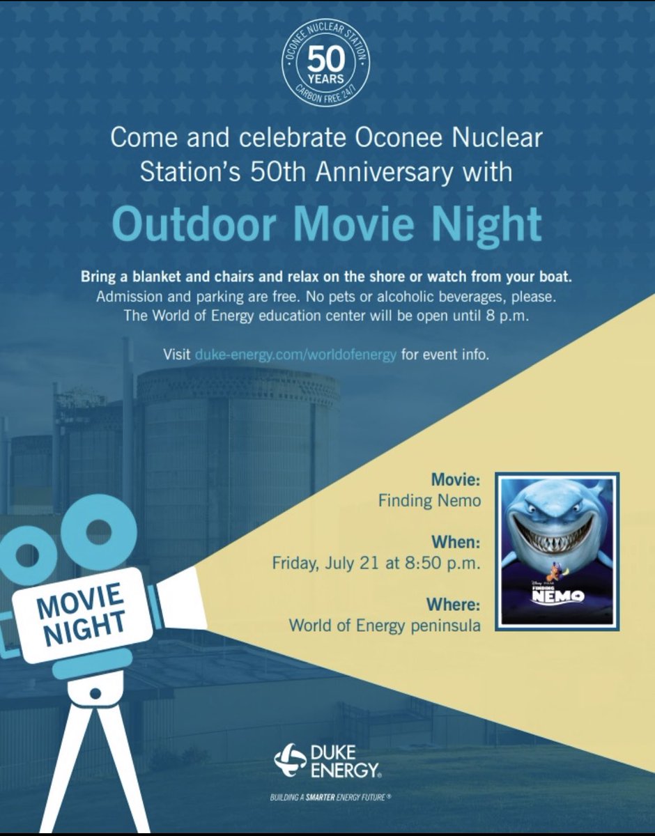 Want to watch a movie from the comfort of your own boat? This is your chance!

More details about Friday night and Oconee Nuclear’s 50th Anniversary here: https://t.co/4O9z4GUQgD https://t.co/KydB8CsiNO