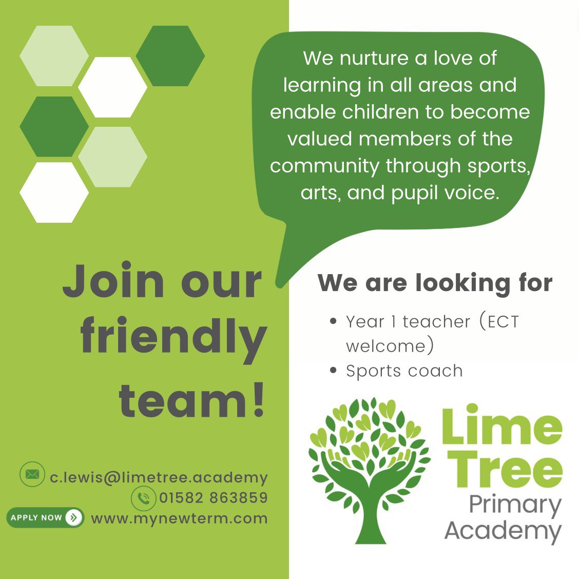 Lime Tree Primary Academy are expanding their amazing team! Lime Tree are a part of the Tennyson Learning Community. If you would like to become a member of the #TLCFamily then apply now on My New Term!
