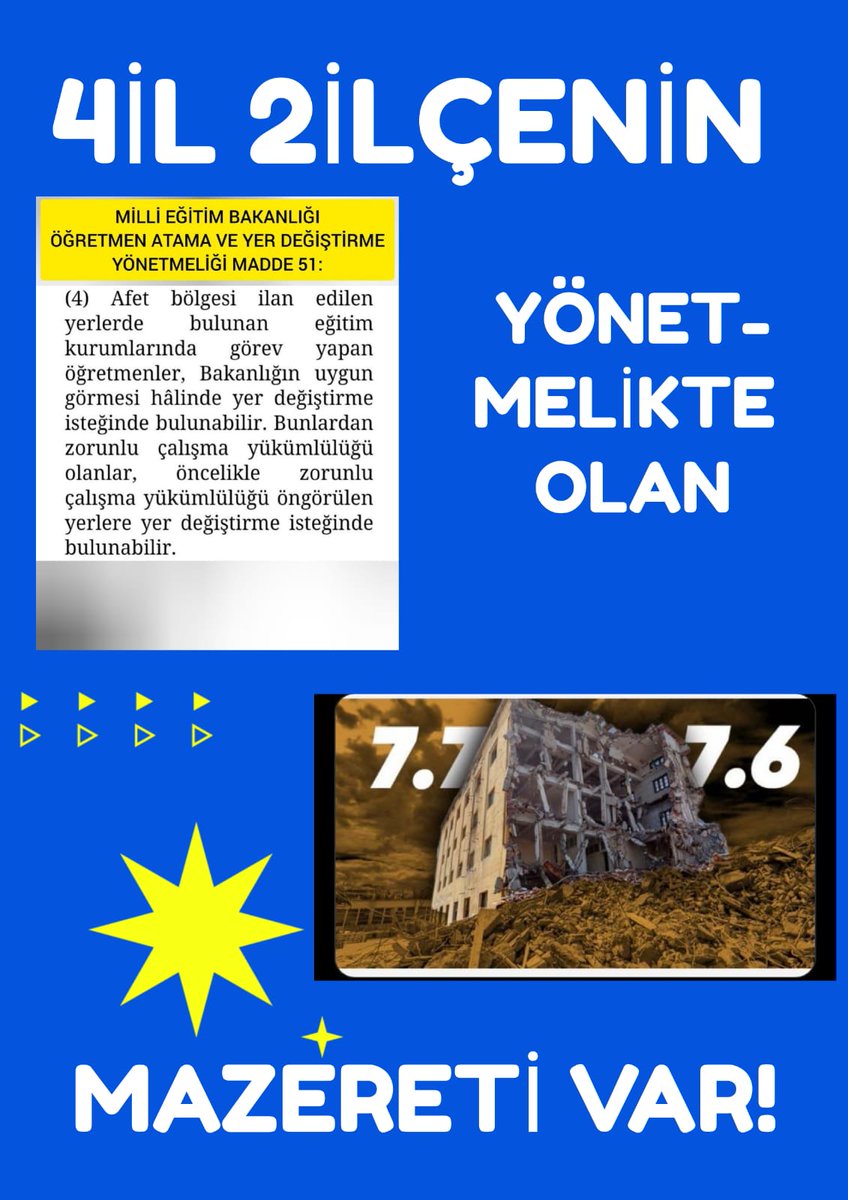 #DepremzedeÖğretmeniÜzme
Depremin sebep olduğu ağır koşullar mevzuatta var olan tayin haklarından mahrum kalan öğretmenlere yaşatılmak isteniyor.
@bbnturktv
<a href="/Yenidonemgzt/">YeniDönem Gazetesi</a>
<a href="/Kamu_Express/">Kamu Express</a>
<a href="/TRogretmen/">Öğretmen TR 🇹🇷</a>
<a href="/memurpostasi/">Memur Postası</a>