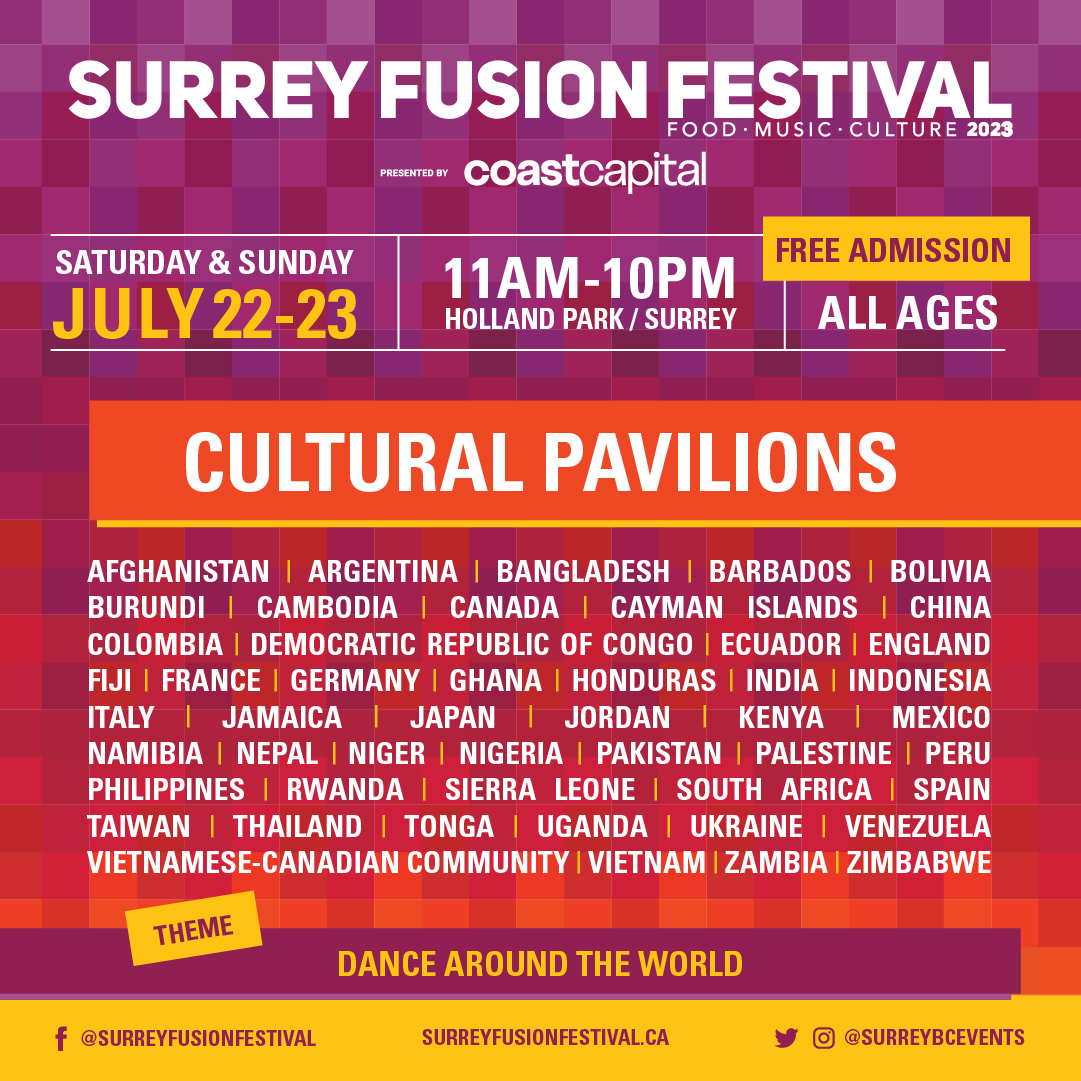 surreybcevents's tweet photo. Join us this weekend at #SurreyFusionFestival from 11am to 10pm and embark on a global culinary adventure at our Cultural Pavilions! 
Thank you to our Pavilion sponsor @BosaProperties  and our presenting sponsor @Coast_Capital for helping to make this event possible. https://t.co/hl2ZvkjLe1