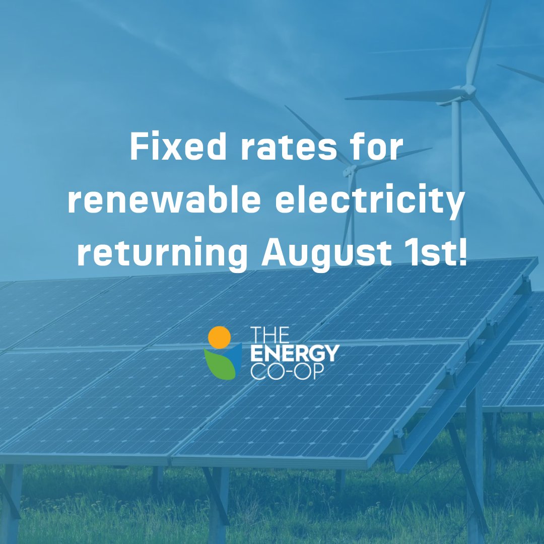 Energy markets have stabilized in 2023, and The Energy Co-op is excited to share that stability with our community! On 8/1/23, we will begin offering fixed rates for our renewable electricity products again! Visit bit.ly/3Q0njdB for more info.

#renewable #electricity