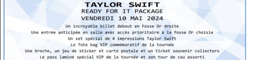 DavidLU68139703's tweet photo. @TSwiftNewsFR Coucou,

J'ai quelques choses qui m'empêchent de participer à Eras Tours Paris le 10 mai 2024..je voudrais revendre un package de VIP Ready for it... Ça sera le même prix...​Si quelqu'un est intéressé, merci de me contacter...​Les benefits sont détaillé below https://t.co/eiUscBDKh5