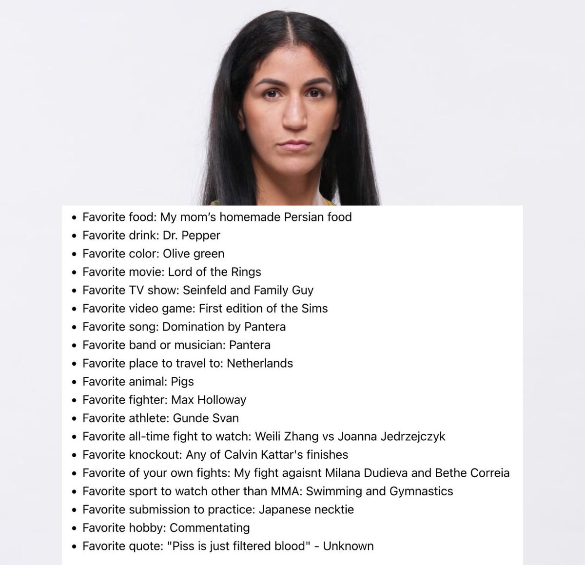 Humanizing Athletes: Pannie Kianzad Pannie lists some of her favorite  things ahead of her fight this weekend at #UFCLondon