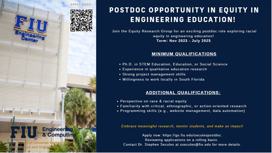 FIU_SUCCEED (@fiu_succeed) on Twitter photo Embrace meaningful research, mentor students, and make an impact! Apply now: go.fiu.edu/seculespostdoc. Reviewing applications on a rolling basis. Contact Dr. Stephen Secules at ssecules@fiu.edu for more details. #Postdoc #EquityinEngineering #ResearchOpportunity #STEMeducation Embrace meaningful research, mentor students, and make an impact! Apply now: go.fiu.edu/seculespostdoc. Reviewing applications on a rolling basis. Contact Dr. Stephen Secules at ssecules@fiu.edu for more details. #Postdoc #EquityinEngineering #ResearchOpportunity #STEMeducation