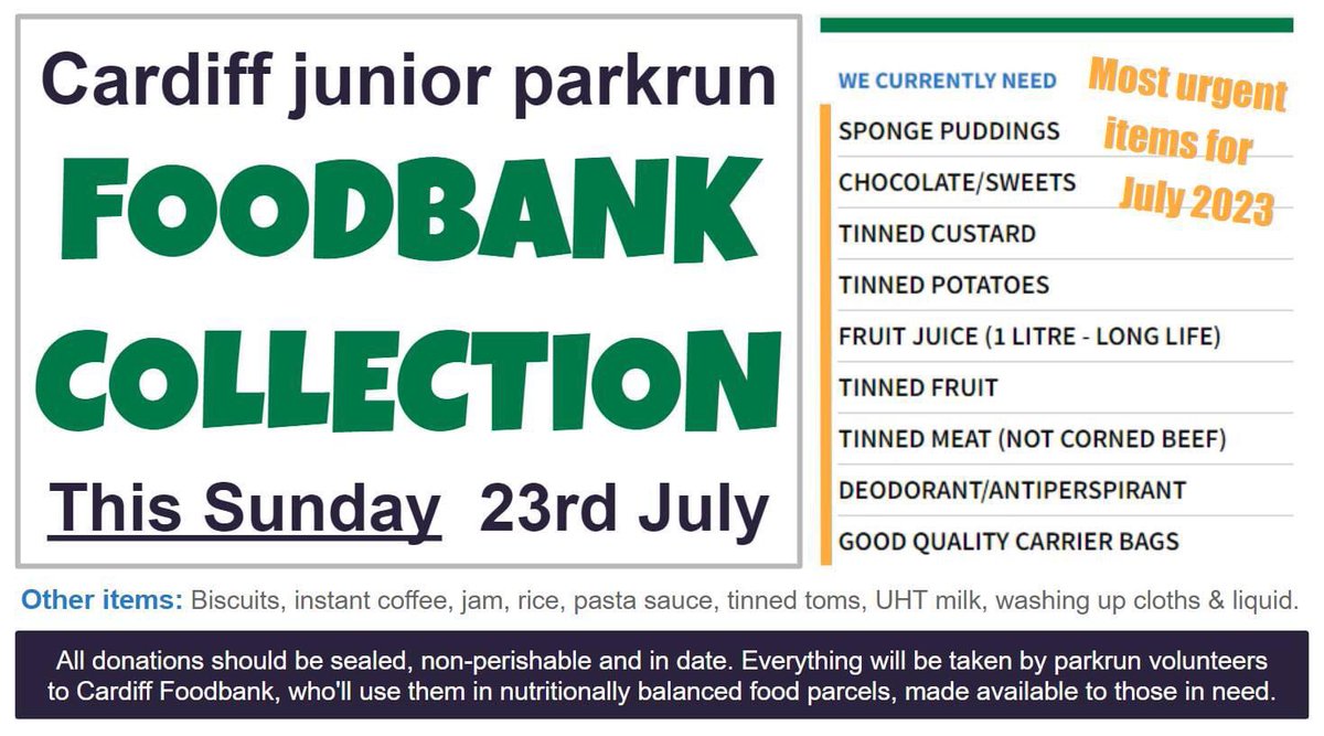 cardiffjnrpkrun's tweet image. School holidays can be a tough time for families , this Sunday 23rd July we will be collecting for @CardiffFoodbank 

If you can please bring along a donation - however small we will pass it on #loveparkrun #cardiffcommunity