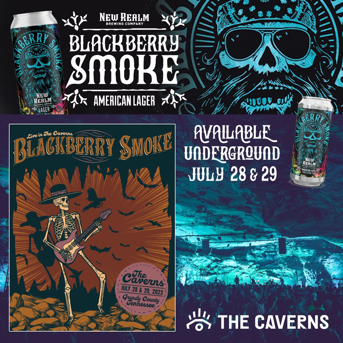 Let’s drink some beers in a cave! 🍻 Blackberry Smoke American Lager from @newrealmbrewing will be available at @thecaverns 7/28 & 29. Need 🎟️? Sat's show w/ #CaitlinKriskoandTheBroadcast is sold out, but tix are available for Fri, 7/28 w/ @adamhoodmusic blackberrysmoke.com/pages/tour