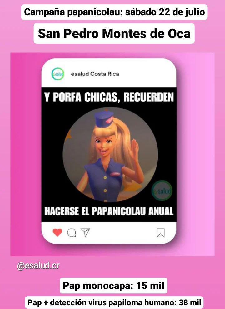 RT para darle al cáncer de cervix por la jupa

Este sábado tendremos campaña de realización de papanicolau en San Pedro de Montes de Oca de 8 am a 2 pm. Buen precio y buenas manos :) 

Info y citas al whatsapp: 88062794