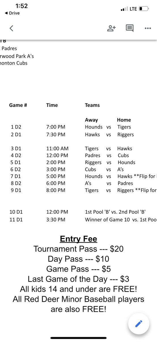 Here is our schedule for our 41st annual tournament! Please now D1 means Diamond one and D2 is Diamond 2 all at Great Chief Park. 

Games 1 and 2 are Friday night 
Games 3-9 Saturday 
Games 10-11 Sunday