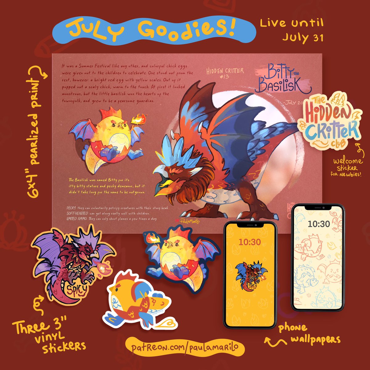 paulamarilo's tweet photo. I’ve been so busy this month that I forgot to share July’s goodies, featuring an all-grown-up stompy Basilisk! This fiery stomper will only be available on my patreon until July 31st, so feel free to check out more info at https://t.co/Zg4SrCd04x 🔥 https://t.co/zn15moJDlM