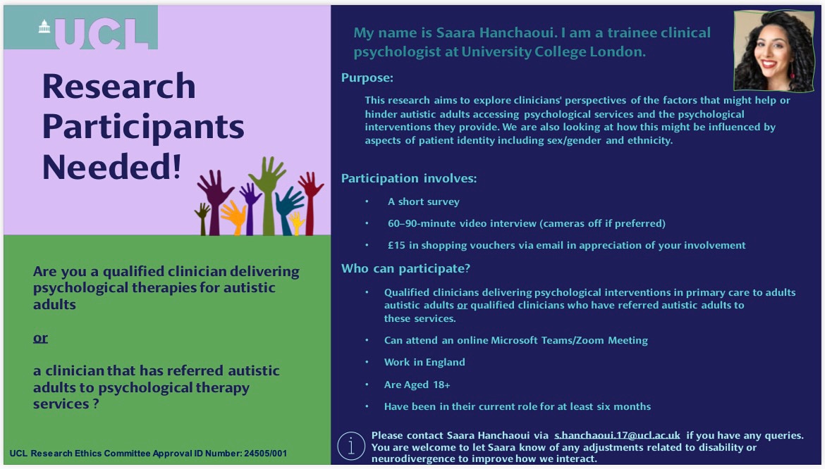 📢Calling all qualified clinicians

🔍Help explore barriers/facilitators to primary care psychology services for autistic adults, with a focus on sex/gender &amp; ethnicity.

🎯 Need BOTH therapists who deliver therapy &amp; clinicians who refer to these services.

🌟Participate/share!