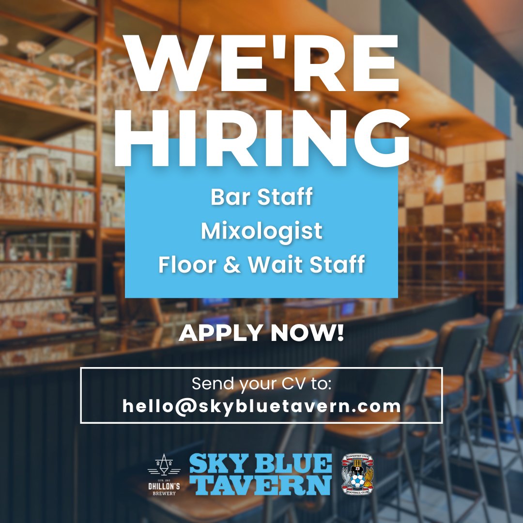SkyBlueTavernPH's tweet photo. We're hiring at the Sky Blue Tavern! If you think you'll make a great addition to our team, drop your CV over to us at hello@skybluetavern.com ππΌ
#skybluetavern #barsincoventry #coventrybars #hiring #jobsincoventry https://t.co/tOtIJ4O30K