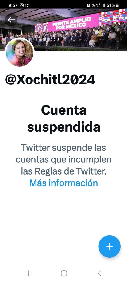 MORENA y @lopezobrador_ tienen tanto miedo, que operaron para suspender la cuenta @Xochitl2024

¿Esto ya se parece a una persecución de Estado o todavía es feo decirlo? ¿Qué sigue?

¿Y @Twitter? ¿Y @elonmusk o @TwitterMexico?