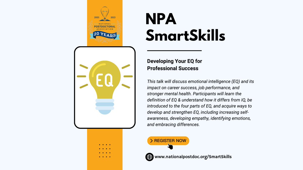 nationalpostdoc (@nationalpostdoc) on Twitter photo This talk will discuss emotional intelligence (EQ) and its impact on career success, job performance, and stronger mental health. 
Register for July's #NPASmartSkills course today! ow.ly/8pAS50P5yba #SmartSkills #postdocs #postdoctoralscholars #emotionalintelligence #EQ This talk will discuss emotional intelligence (EQ) and its impact on career success, job performance, and stronger mental health. 
Register for July's #NPASmartSkills course today! ow.ly/8pAS50P5yba #SmartSkills #postdocs #postdoctoralscholars #emotionalintelligence #EQ