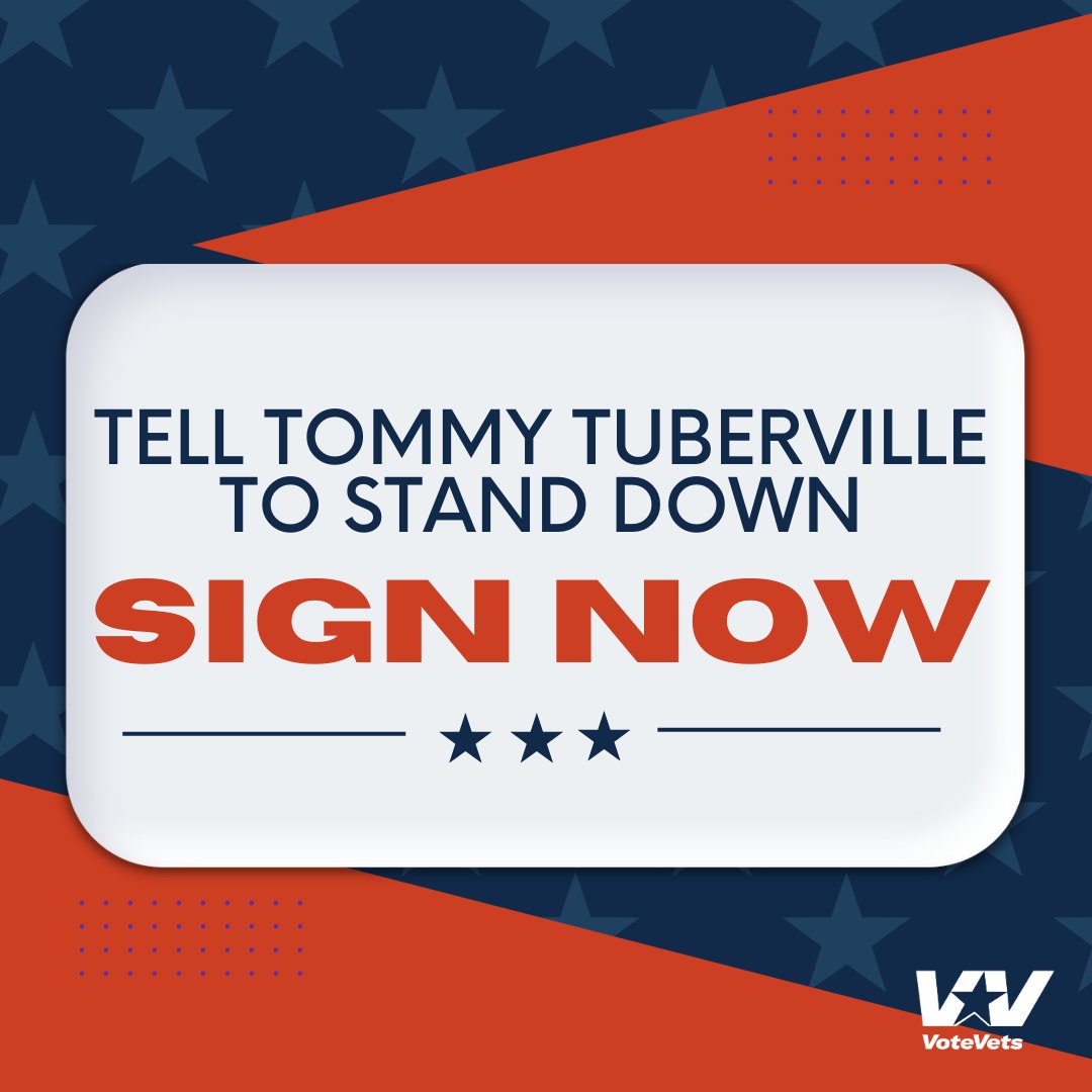 📢 Tuberville apparently found a bunch a Veterans to support his blockade of senior military promotions. 5000 to be exact. Which, if you ask us, are rookie numbers. 

So here’s a challenge:
Tuberville found 5000 Veterans. Let’s beat that.

SIGN HERE: act.votevets.org/signup/230719_…
