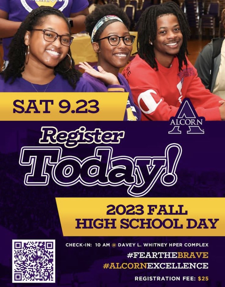 Join us for a day of fun and excitement as you explore all that Alcorn has to offer! Our Fall High School and Transfer Day is Saturday, Sept. 23. Registration will close on Sept. 15. The registration fee is $25. Use the QR Code to register today! #DiscoverAlcorn #AlcornExcellence