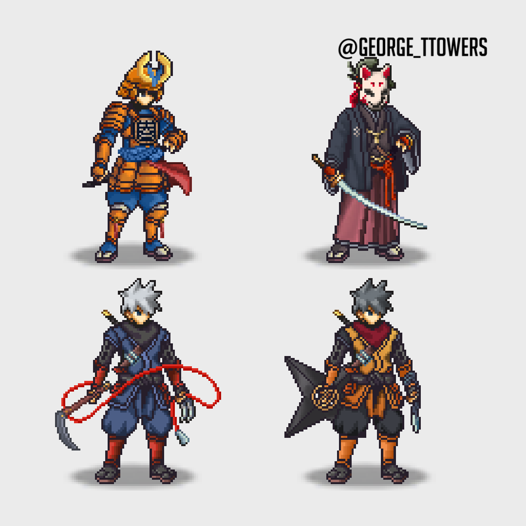 George_TTowers's tweet photo. Pixel art character design for the @shinsengokuNFT @UUrayan #NFT #pixelart https://t.co/JfFMMVOyti