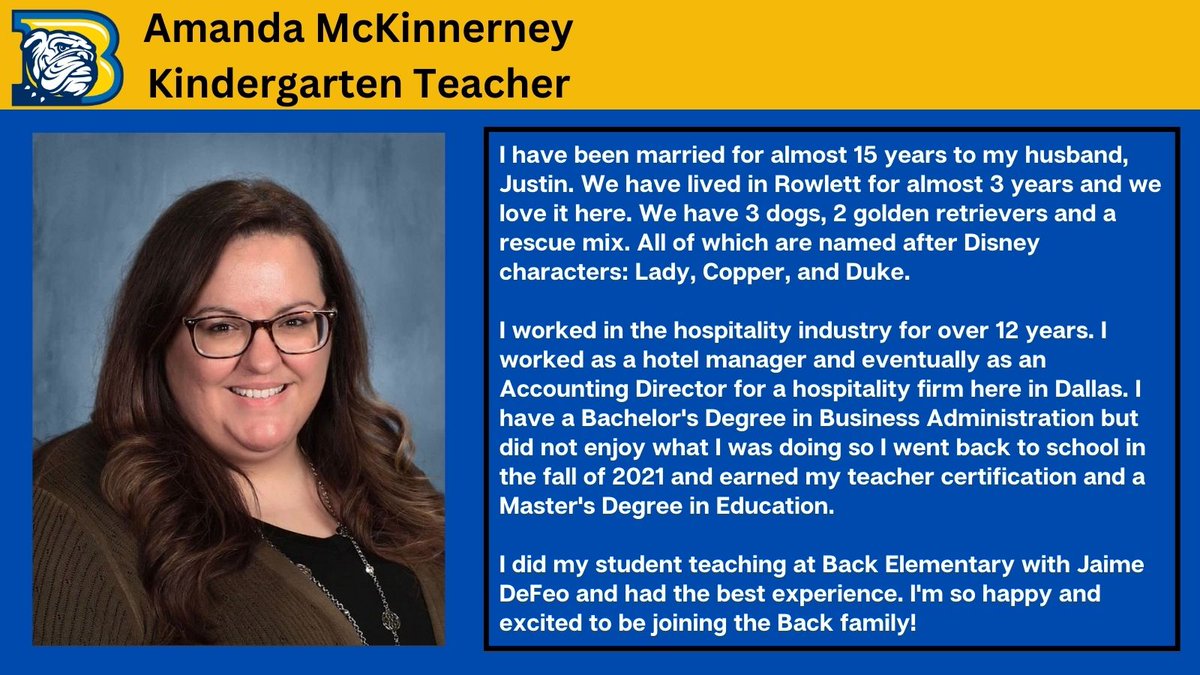 Back_Bulldogs's tweet photo. We will be introducing our new staff members at Back over the next 2 weeks for the 23 - 24 school year. Please help us welcome Mrs. McKinnerney to the Back family! #BulldogsShineBright #BackBulldogs https://t.co/sVPt5QWBbC