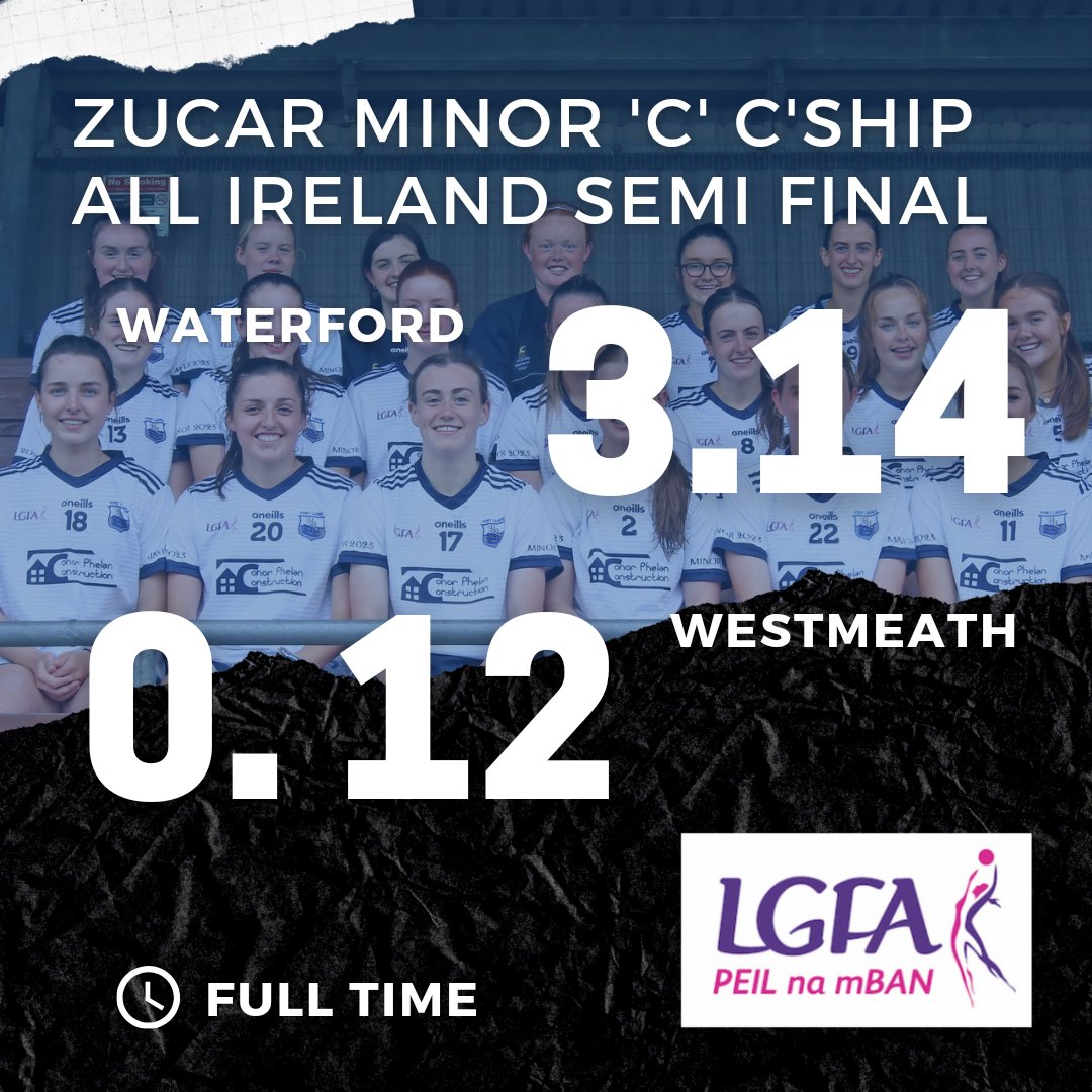 WATERFORD MINORS INTO ALL IRELAND FINAL

Waterford 3.14
Westmeath 0.12

Goals from Kaci Brazil (27'), Leah Brown (44') and Aoibhe Shankey (59') power Waterford Minors into the <a href="/ZuCarIreland/">ZuCar</a> All-Ireland 'C' Final. Congratulations to all of the girls &amp; management.